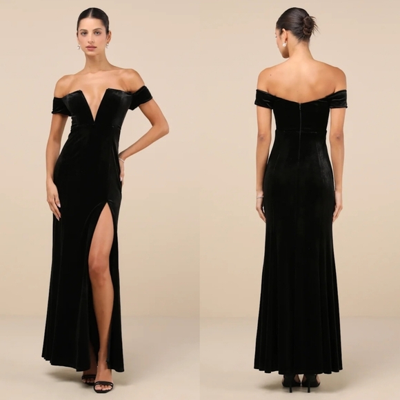 Lulus Captivating Silhouette Black Velvet Off-the-Shoulder Maxi Dress L Wedding - Picture 1 of 10